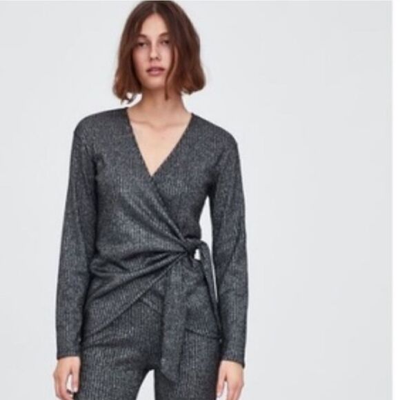 Zara true wrap metallic long sleeve ribbed knit cardigan style blouse - Picture 16 of 16